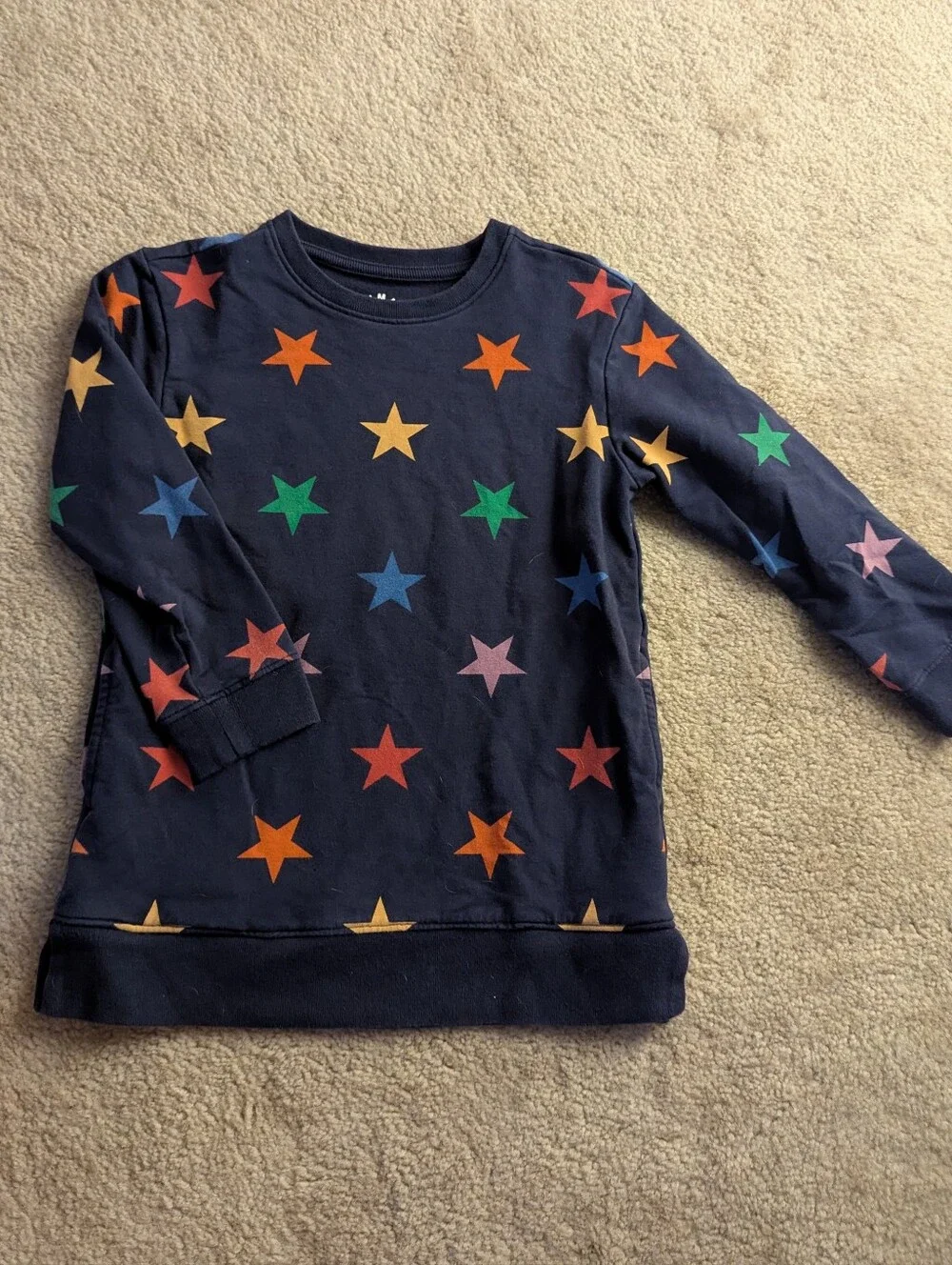 EUC Primary Kids Pocket Tunic Sweatshirt In Navy Rainbow Stars Size 4-5
